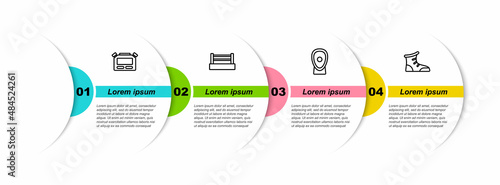 Set line Stopwatch, Boxing ring, training paws and Sport boxing shoes. Business infographic template. Vector