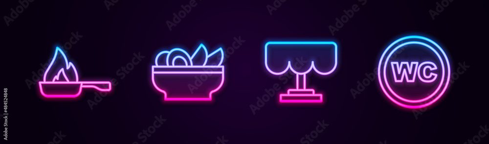 Set line Frying pan, Nachos plate, Wooden table and Toilet. Glowing neon icon. Vector Set line Frying pan, Nachos plate, Wooden table and Toilet. Glowing neon icon. Vector