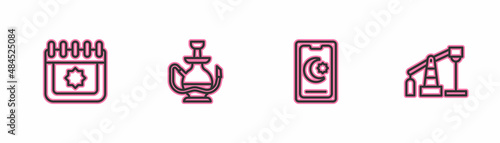 Set line Ramadan calendar, Star and crescent, Hookah and Oil pump or pump jack icon. Vector