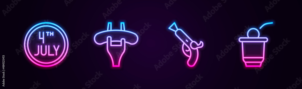 Set line Calendar with date July 4, Sausage on the fork, Vintage pistols and Beer pong game. Glowing neon icon. Vector Set line Calendar with date July 4, Sausage on the fork, Vintage pistols and Beer pong game. Glowing neon icon. Vector