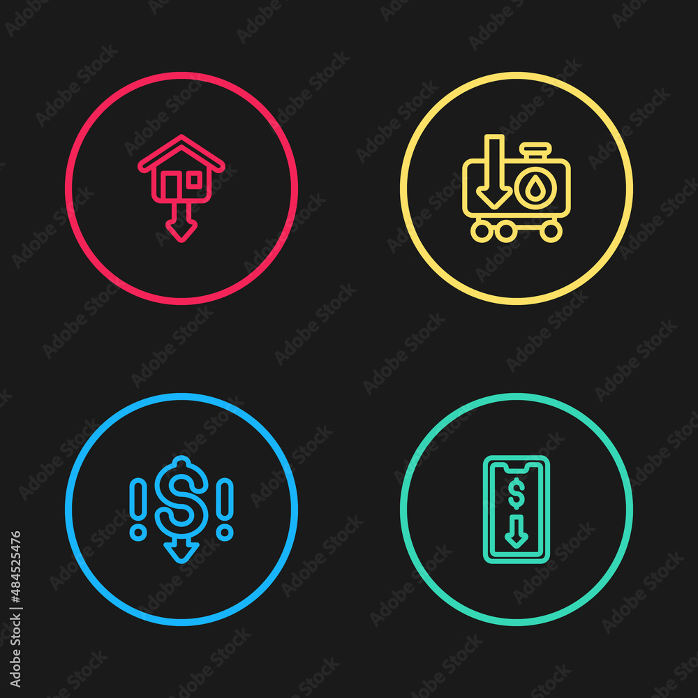 Set line Dollar rate decrease, Mobile stock trading, Drop crude oil price and Falling property prices icon. Vector Set line Dollar rate decrease, Mobile stock trading, Drop crude oil price and Falling property prices icon. Vector
