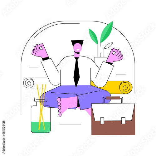 Office meditation booth abstract concept vector illustration. Office relax room, meditation booth, relaxing place, find peace of mind, yoga lunch break, zen, employee wellbeing abstract metaphor.