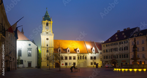 Photography Image of Main Square in old historic city Bratislava illuminated at dusk, Slovak