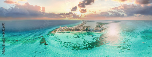 Aerial 360 panoramic view of Cancun beach and city hotel zone in Mexico. Caribbean coast landscape of Mexican resort with beach Playa Caracol and Kukulcan road. Riviera Maya in Quintana roo region on photo
