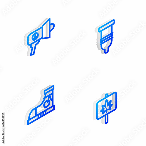 Set Isometric line Condom, Megaphone, Sneakers and Marijuana icon. Vector © vector_v