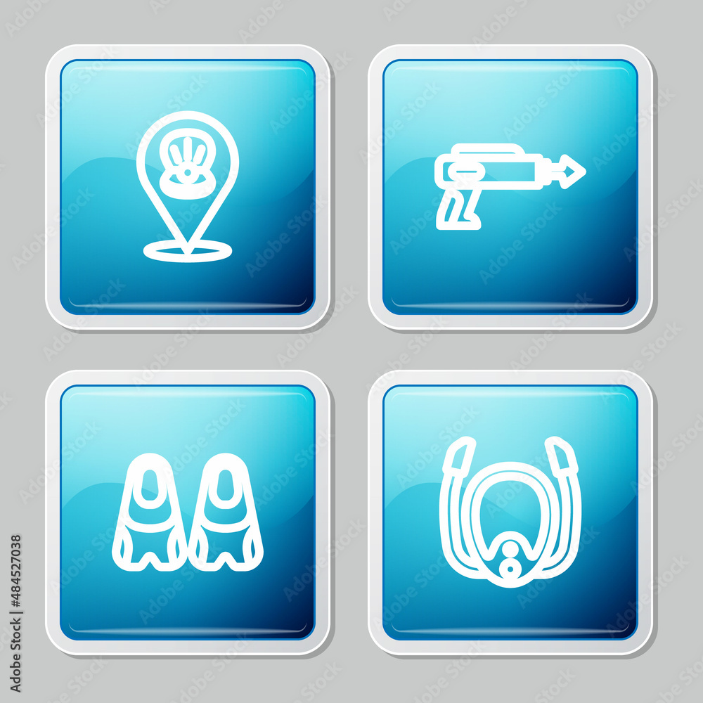 Set line Scallop sea shell, Fishing harpoon, Flippers for swimming and Diving mask with snorkel icon. Vector