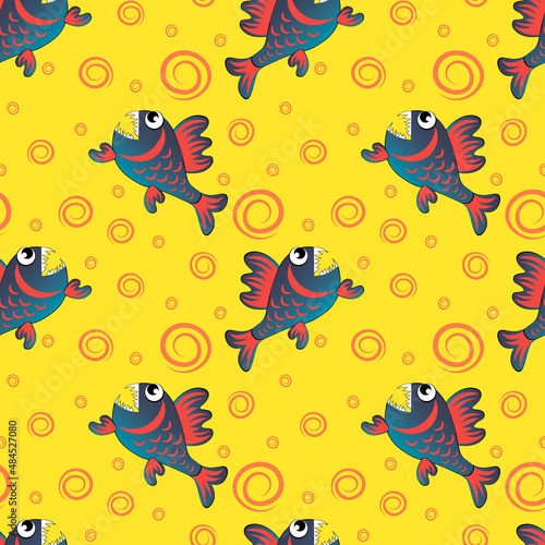 Seamless pattern on a square background is a predatory evil piranha fish. Fabulous underwater world. Styling, cartoon style. Design element of books, notebooks, postcards, interior items. Wallpapers