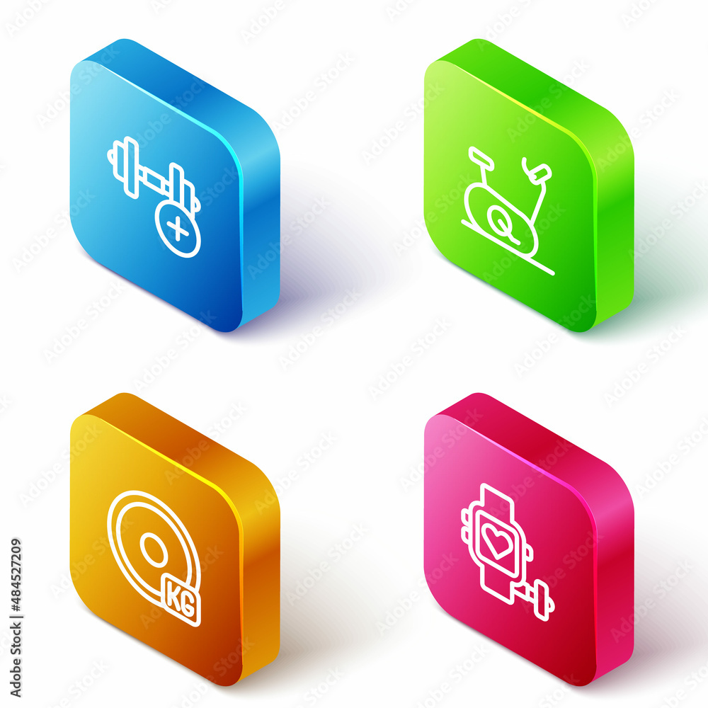 Set Isometric line Dumbbell, Stationary bicycle, Weight plate and Smart watch with heart icon. Vector Set Isometric line Dumbbell, Stationary bicycle, Weight plate and Smart watch with heart icon. Vector