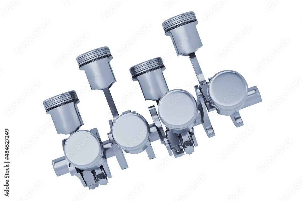 Pistons V8 engine chrome plated isolated on white background Pistons V8 engine chrome plated isolated on white background