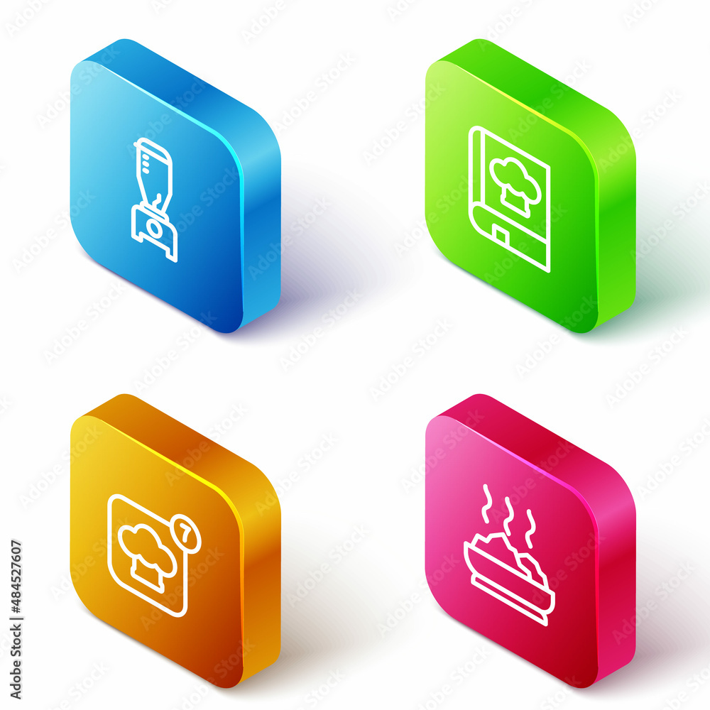 Set Isometric line Blender, Cookbook, Chef hat and Bowl of hot soup icon. Vector Set Isometric line Blender, Cookbook, Chef hat and Bowl of hot soup icon. Vector