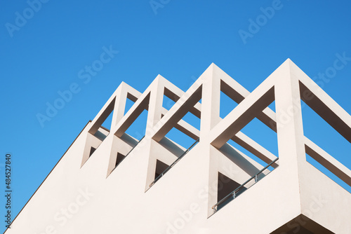 Abstract architecture geometric building modern pillar arch balcony construction. Geometry architecture design building balcony background. Modern architecture minimal building abstract concrete house