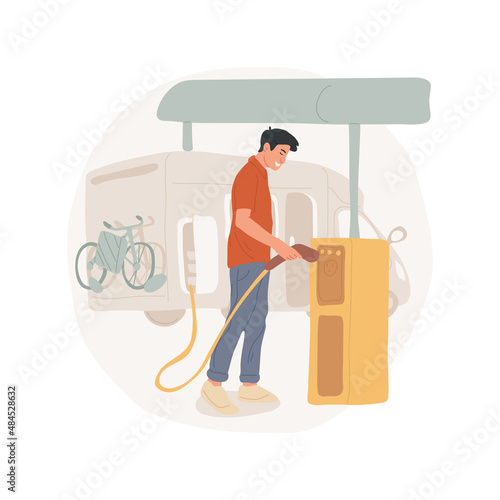 Motorhome stopover abstract concept vector illustration. Van service station, travelling with motorhome, father plugs the vehicle, bicycles on the back of RV, making stopover abstract metaphor.