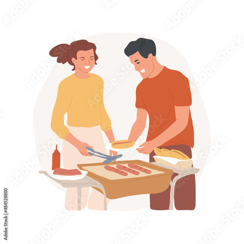 Hot dog party abstract concept vector illustration. Hot dog ingredients in plates on the table, parents grill sausages, family BBQ, leisure time, children put ketchup on top abstract metaphor.