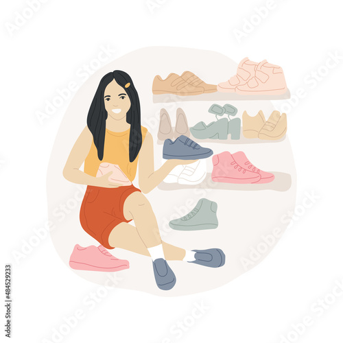 Collecting shoes abstract concept vector illustration. Girl having different colors sneakers, full shoes collection, teenage fashion, enjoying shopping, wardrobe with shoes abstract metaphor.