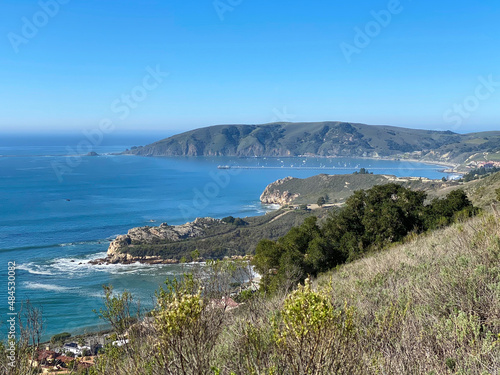 Looking down from mountain top at San Luis Obispo Bay, Pirates Cove, and Shell Beach California.