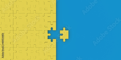 Inserting last authentic Jigsaw Puzzle piece to complete the game. 3D rendered connected objects. Blank background with copy space. Teamwork, organization, togetherness for solution and completion.