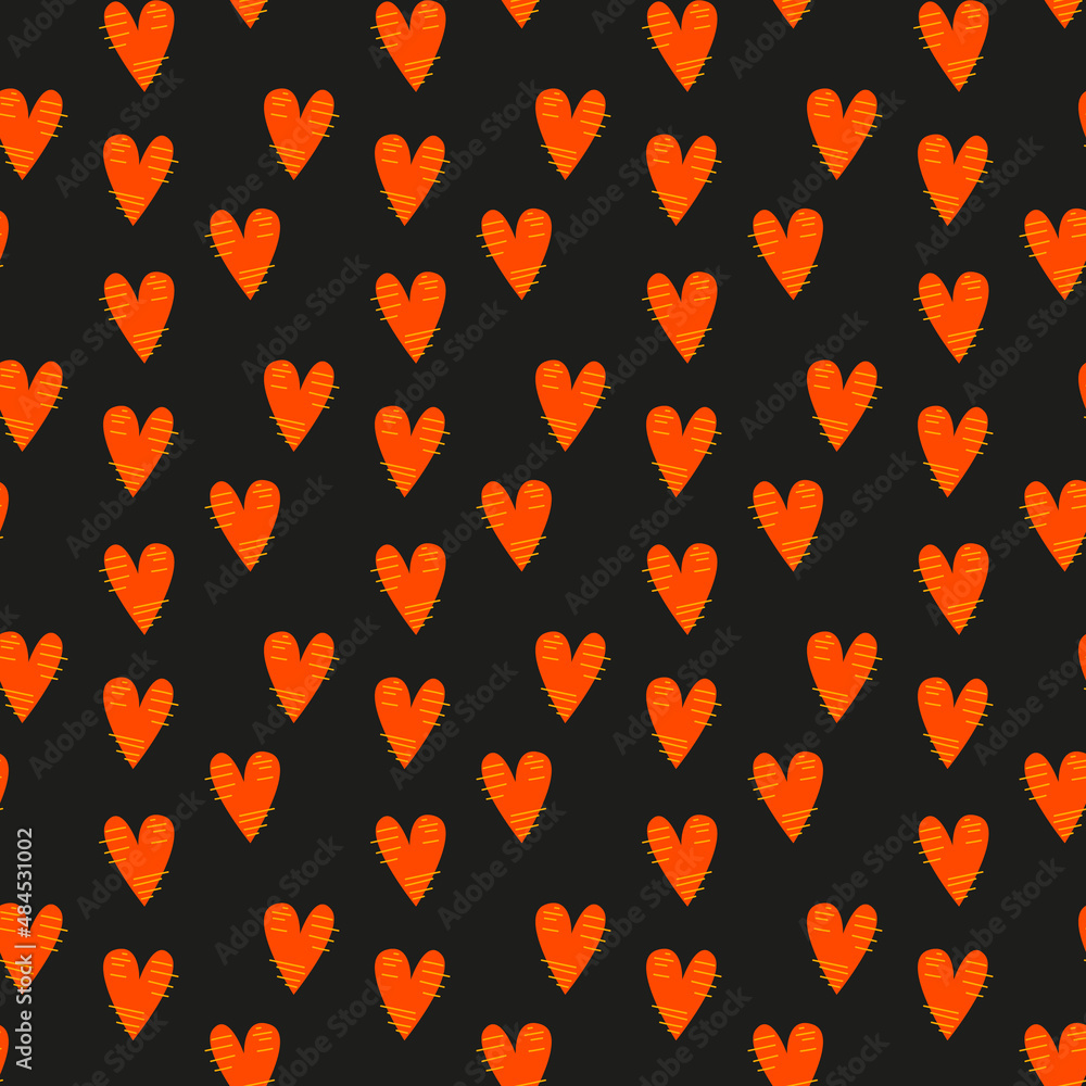 Seamless multicolored pattern with red hearts on a black background. Valentine's day, wedding, holiday. Vector illustration. Textile printing, print design, postcards. Seamless multicolored pattern with red hearts on a black background. Valentine's day, wedding, holiday. Vector illustration. Textile printing, print design, postcards.
