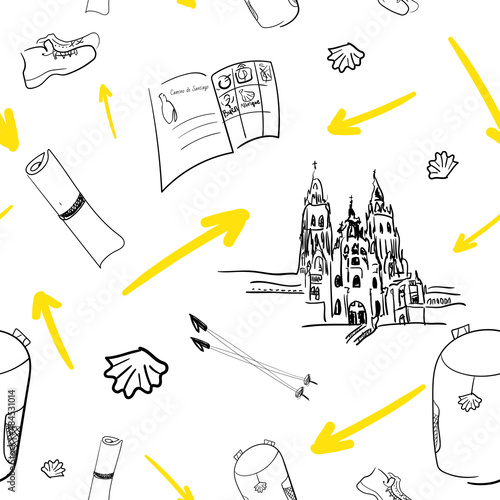 Seamless pattern with the Santiago de Compostela Archcathedral Basilica yellow arrow and pilgrim needed things. Backpack, pilgrim passport, travel mat, trekking sticks, boots, water