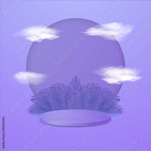 Fototapeta Naklejka Na Ścianę i Meble -  3d podium display pedestal in the purple color background with leaf and floating cloud. The scene for advertising, showcase, banner, cosmetic, fashion, business. Product display