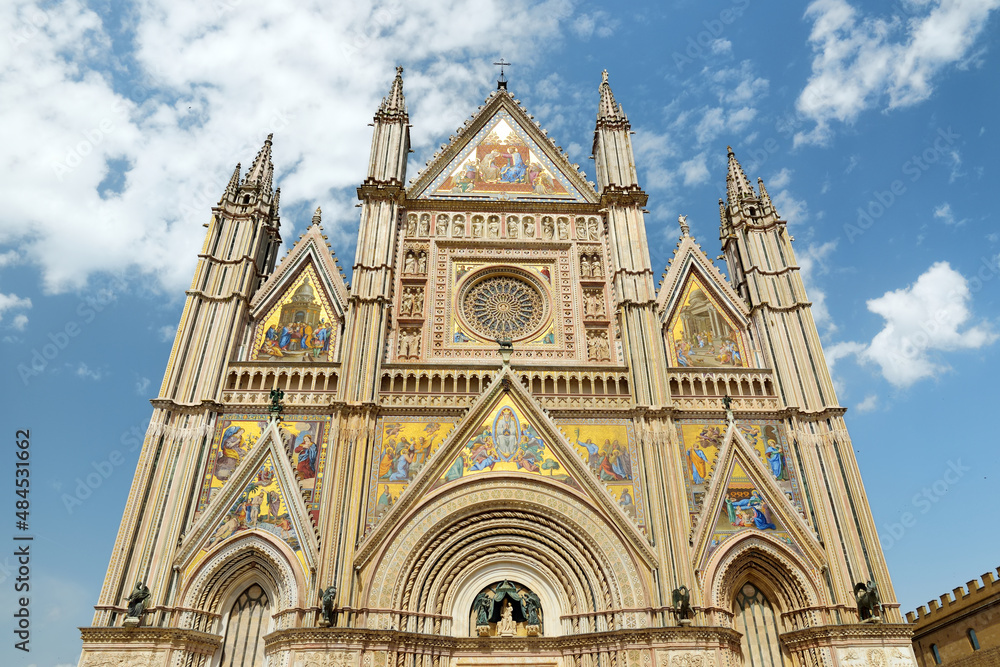Exterior view of Orvieto Cathedral at the cathedral square, 14th-century Gothic cathedral in Orvieto, Italy