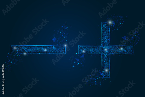 Abstract isolated blue image of a math signs. Polygonal illustration looks like stars in the blask night sky in spase or flying glass shards. Digital design for website, web, internet.