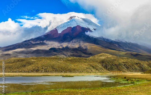A frontal view of Cotopaxi volcane. The lake is called Limpiopungo