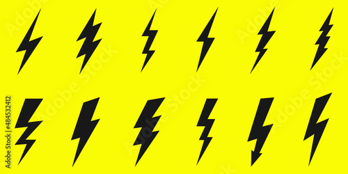 Thunder and Bolt Lighting Flash Icons Set. Flat Style on Yellow Background. Vector