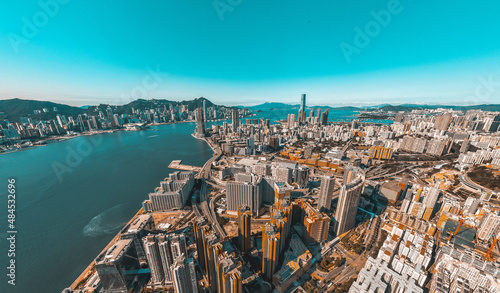 Canvas Print Panoramic aerial view of Hong Kong city in Orange and Teal  color tone