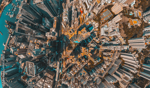 Panoramic aerial view of Hong Kong city in Orange and Teal color tone