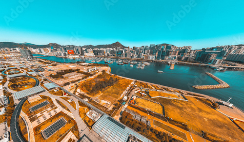 Panoramic aerial view of Hong Kong city in Orange and Teal  color tone