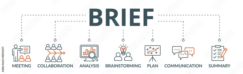 Brief banner web icon vector illustration concept for a briefing of business plan with an icon of meeting, collaboration, analysis, brainstorming, plan, communication, and summary Brief banner web icon vector illustration concept for a briefing of business plan with an icon of meeting, collaboration, analysis, brainstorming, plan, communication, and summary