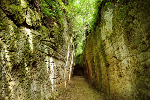 Etruscan Le Vie Cave (Via Cava), the path connecting ancient necropolis and several settlements in the area between Sovana, Sorano and Pitigliano. Citta del Tufo archaeological park.