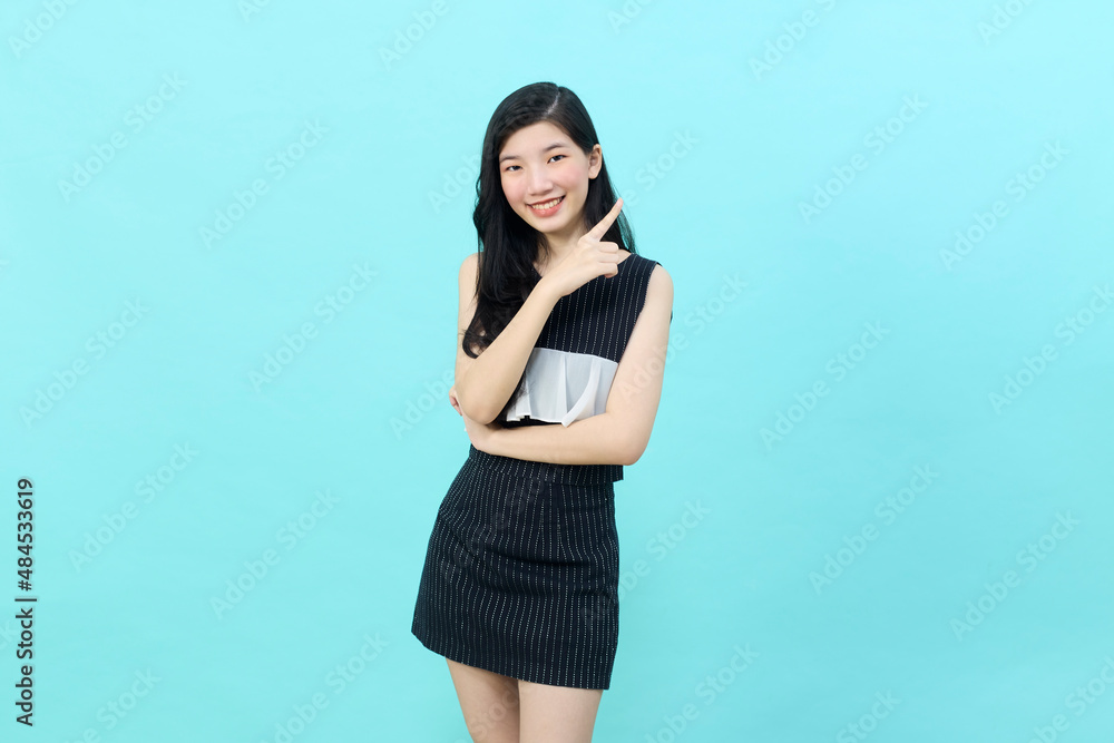 young lady standing Looking camera pointing young lady standing Looking camera pointing