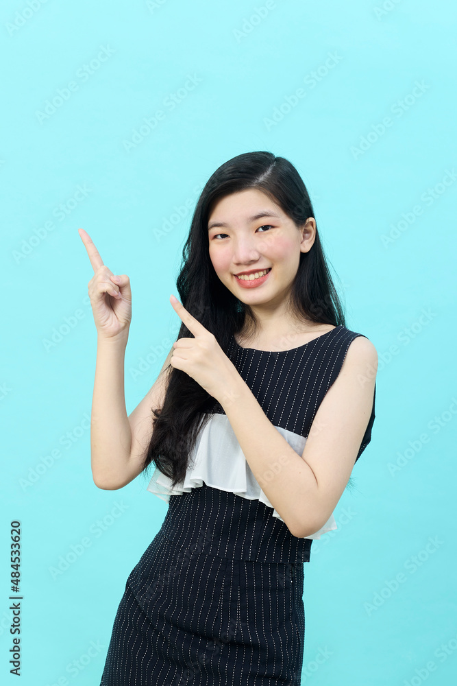 young lady standing Looking camera pointing young lady standing Looking camera pointing