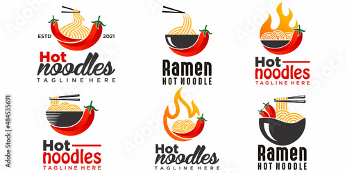 hot noodle on fire flame spicy restaurant food court icon set logo design vector