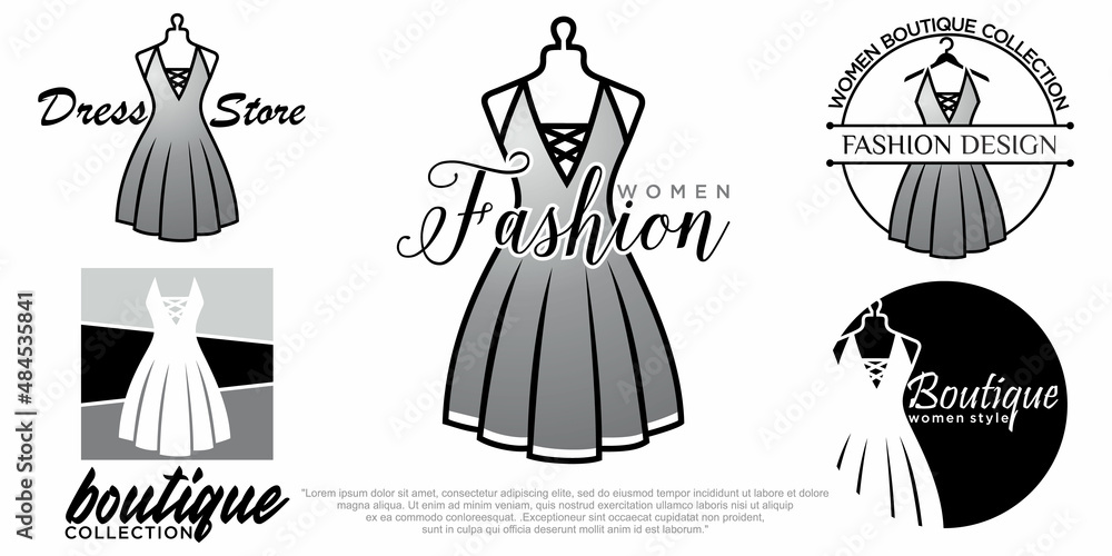Fashion logo design with dress on mannequin. Fashion icon set logo art vector. Logo template. Fashion logo design with dress on mannequin. Fashion icon set logo art vector. Logo template.