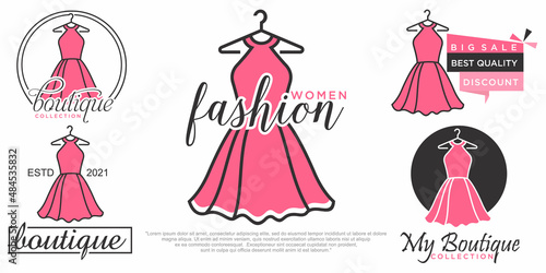 elegant logo template for fashion designer company with pink dress gown shape