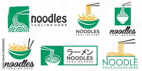 noodle icon set logo with the green leaves, chopstick concept
