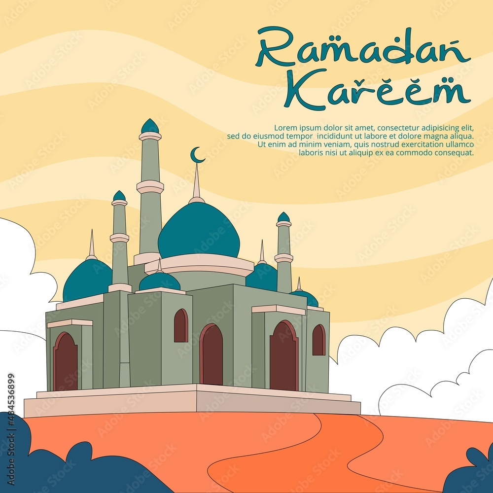 Ramadan Kareem greeting card with hand drawn flat cartoon design Vector Illustration