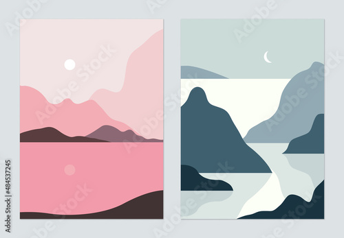Minimalist landscape poster design, island in the sea at night