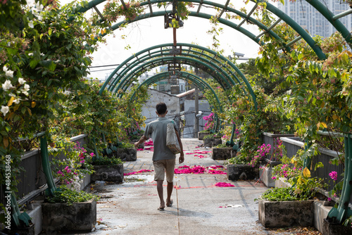 Asian man walking alone through a circular walkway in an industrial area in southeast asia covered in plants after a celebration on a sunny day © Paul