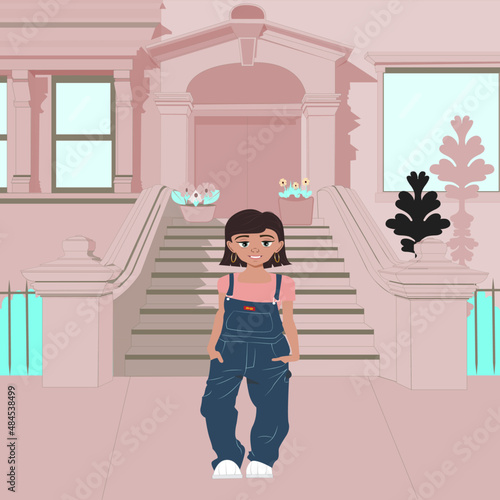 1993 self portrait, cartoon girl walking in front of brownstone houses in the city