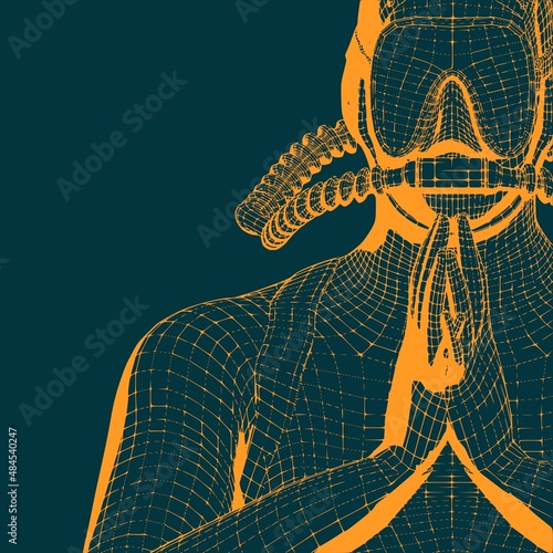 Monochrome silhouette of diver in a prayer position. Mesh grid texture