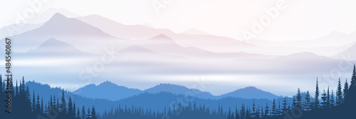 Vector illustration of mountains  valley in fog  morning light  panoramic view