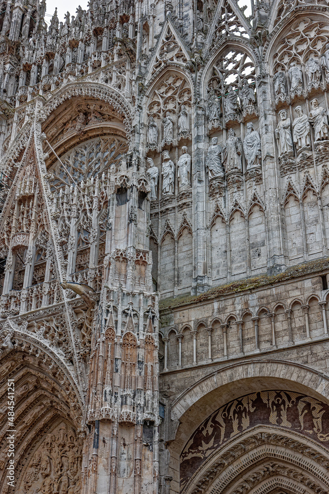 Fragment of the facade. The Gothic Style Cathedral of Rouen, Notre-Dame de l'Assomption Cathedral, Rouen, Normandy, France