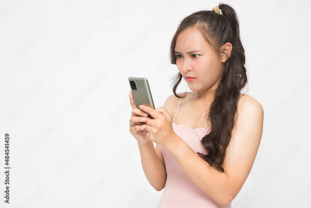 Cute Asian woman is angry and chatting about something for social media concept Cute Asian woman is angry and chatting about something for social media concept
