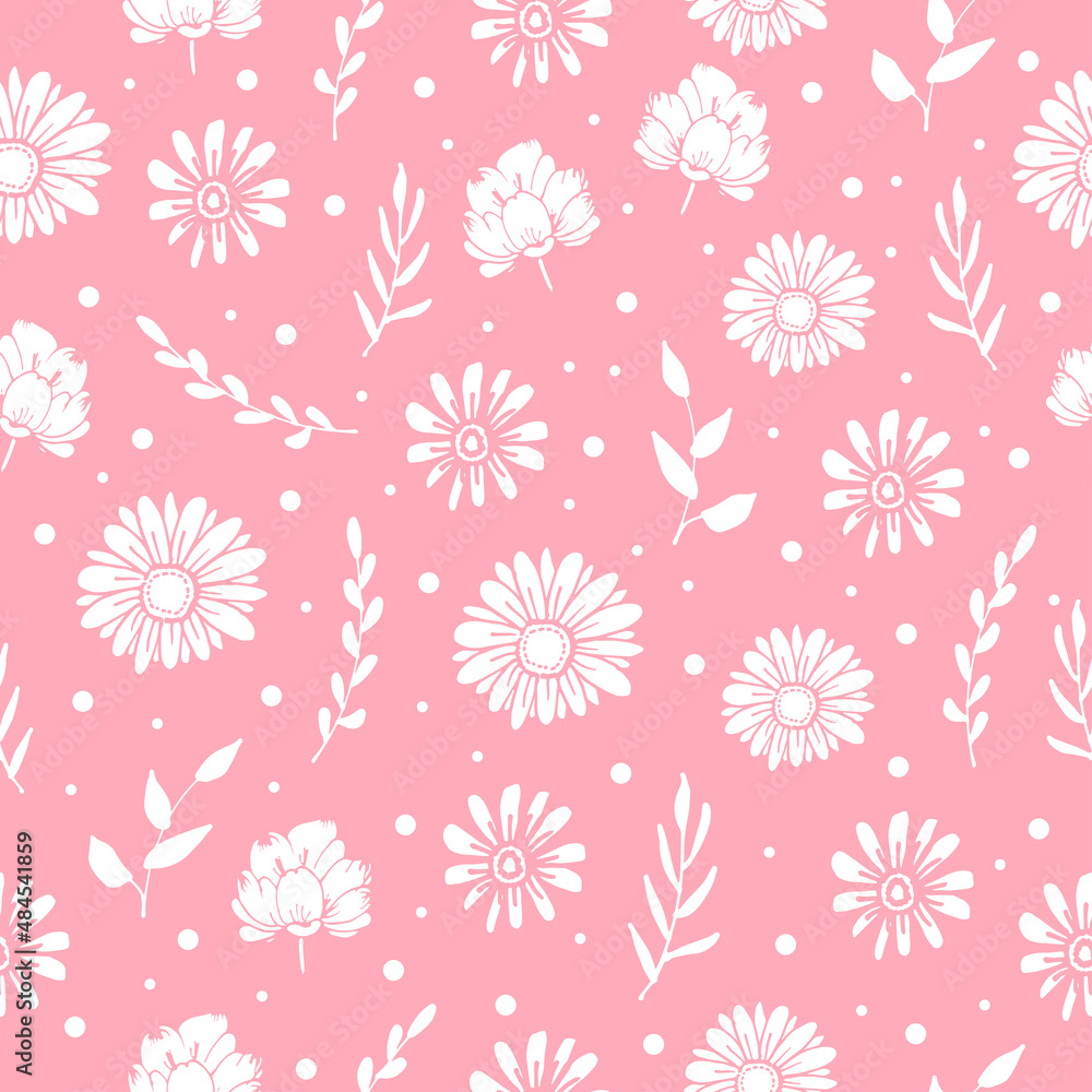 seamless pattern with beautiful flower with leaf illustration on pink background. hand drawn vector. white flower and leaf. doodle art for wallpaper, wrapping paper and gift, fabric, textile, backdrop seamless pattern with beautiful flower with leaf illustration on pink background. hand drawn vector. white flower and leaf. doodle art for wallpaper, wrapping paper and gift, fabric, textile, backdrop