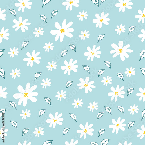 white flower with leaf illustration on blue background. hand drawn vector, seamless pattern. nature background. doodle art for wallpaper, wrapping paper and gift, backrop, fabric, textile, cover. 