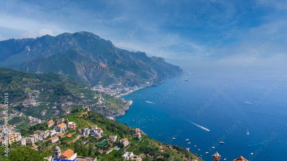 View of the Amalfi Bay. Villa Rufolo, Ravello, Campania, Italy
