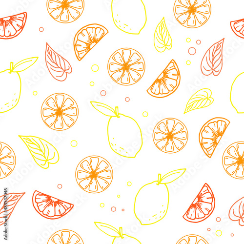 set of lemon fruit with leaf illustration isolated on white background. hand drawn vector, seamless pattern. orange fruit. doodle art for wallpaper, wrapping paper and gift, backdrop, fabric, textile.